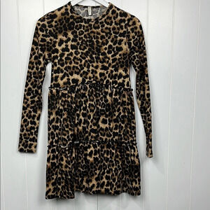 Beeson River Womens Dress XS Black Brown Animal Print Tiered Ruffles Stretch EUC